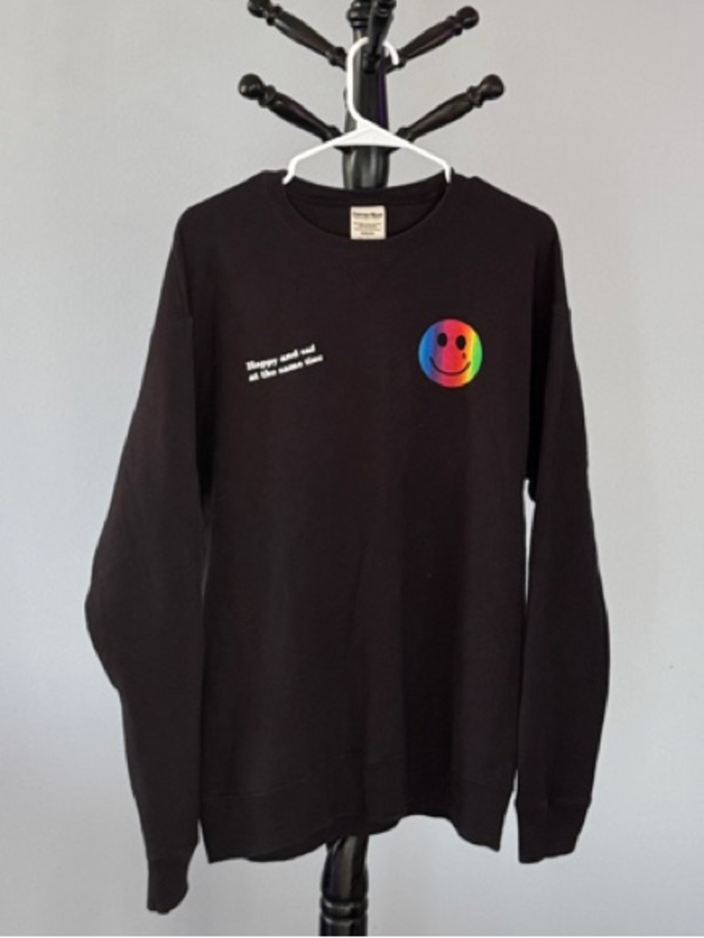 Men's Black Crewneck Sweatshirt with Rainbow Smile Graphic